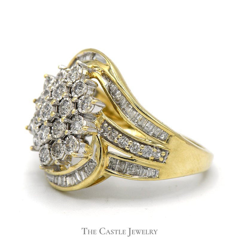 Flower Shaped 1cttw Diamond Cluster Ring with Channel Set Baguette Accents in 10k Yellow Gold