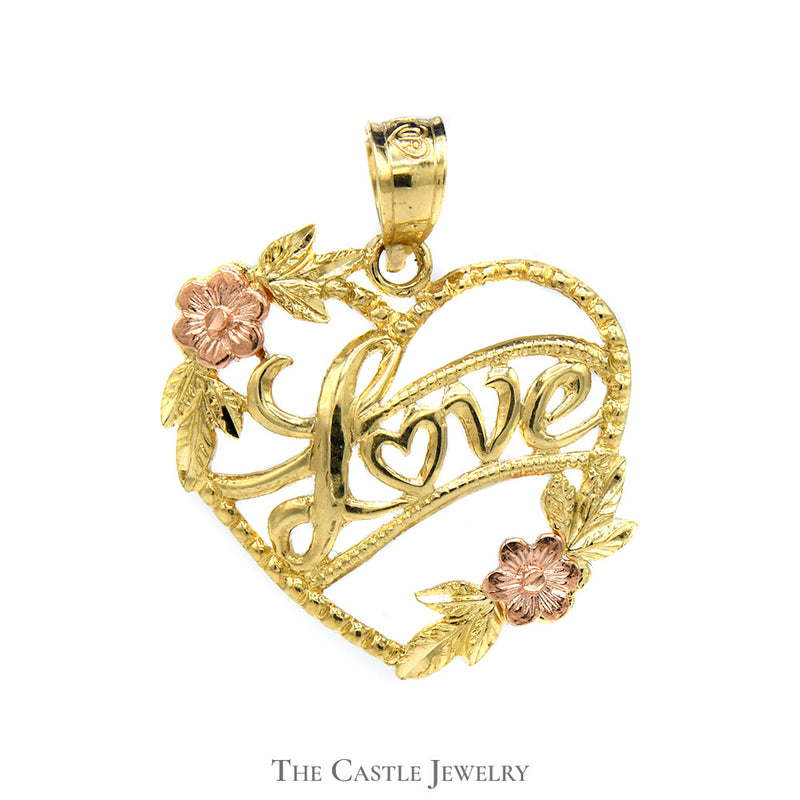 10k Two Tone Yellow Gold Heart Shaped "Love" Pendant with Rose Gold Flower Accents