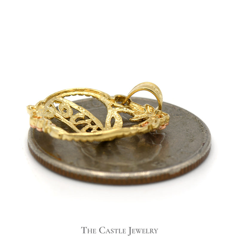 10k Two Tone Yellow Gold Heart Shaped "Love" Pendant with Rose Gold Flower Accents