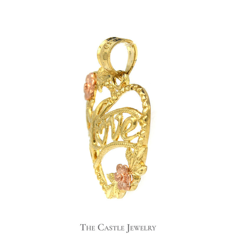 10k Two Tone Yellow Gold Heart Shaped "Love" Pendant with Rose Gold Flower Accents