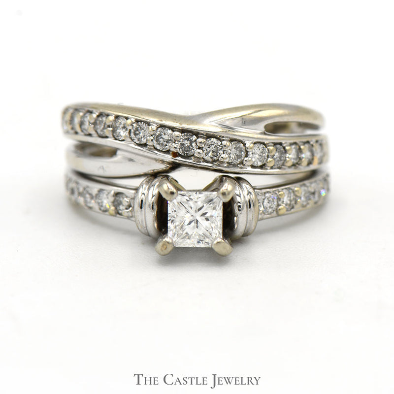 3/4cttw Princess Cut Diamond Bridal Set with Accents and Matching Twisted Band in 14k White Gold