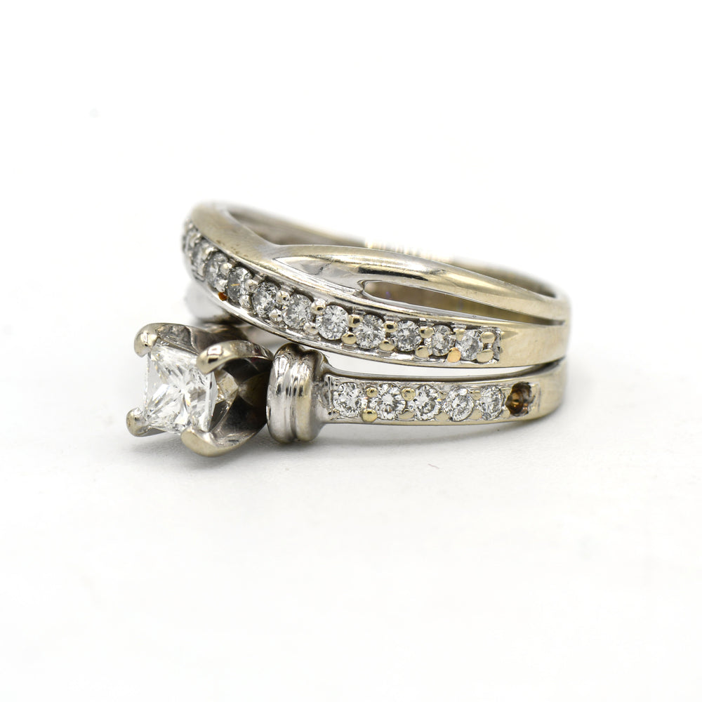 3/4cttw Princess Cut Diamond Bridal Set with Accents and Matching Twisted Band in 14k White Gold
