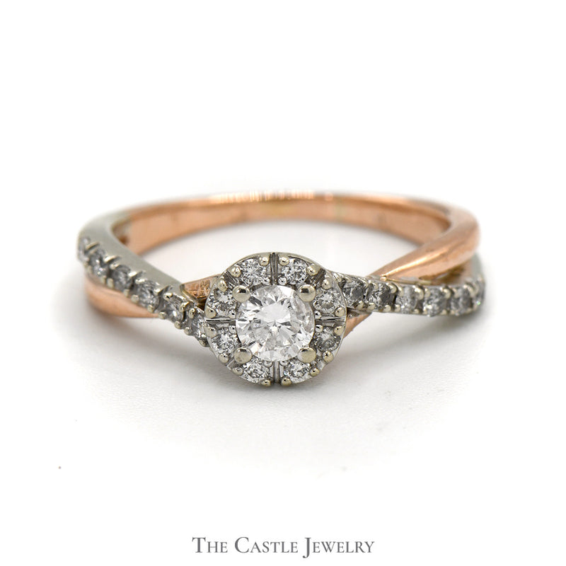 1/2cttw Diamond Ring with Halo and Accents in 10k Two Tone Rose and White Gold Twisted Setting