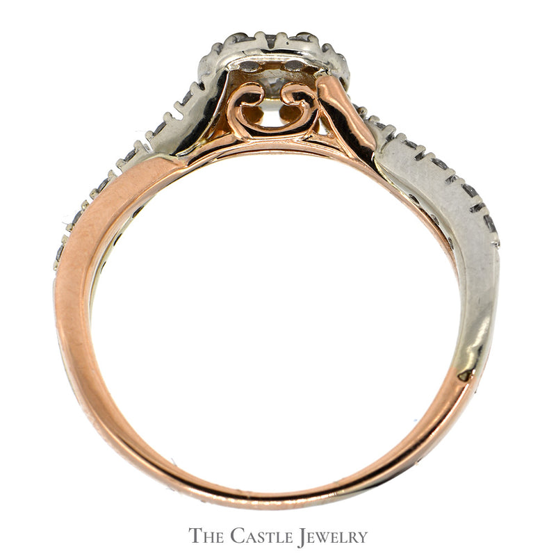 1/2cttw Diamond Ring with Halo and Accents in 10k Two Tone Rose and White Gold Twisted Setting