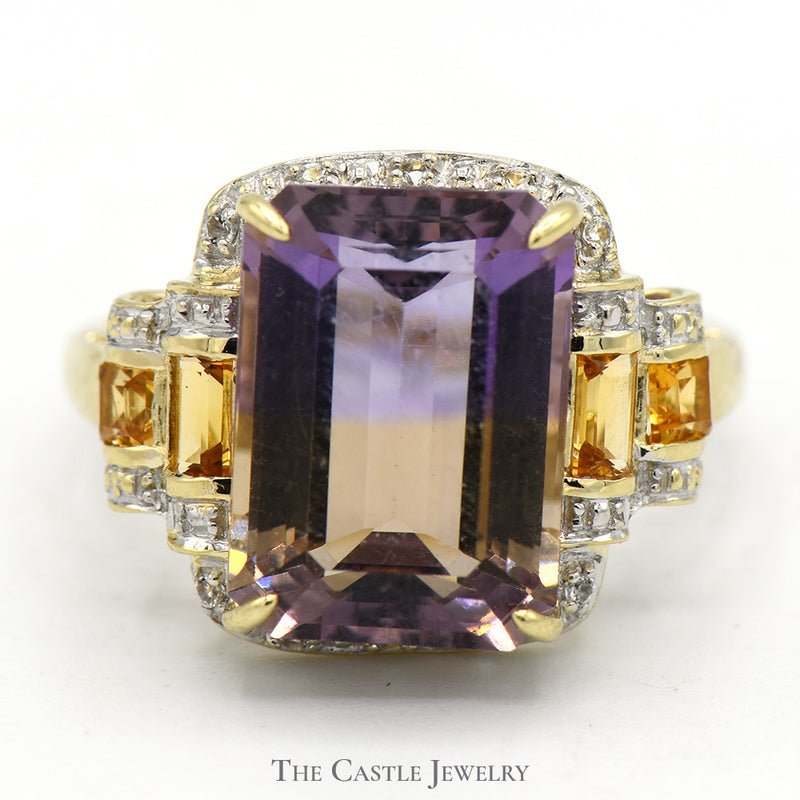Emerald Cut Ametrine Ring with Diamond and White Topaz Accents in 10k Yellow Gold