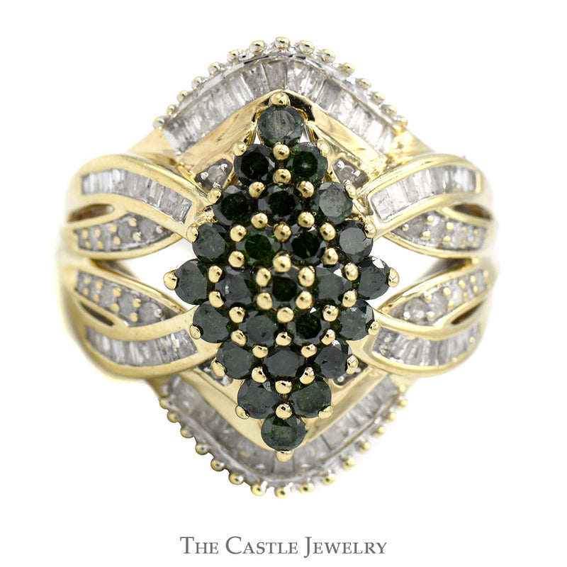Marquise Shaped Green Diamond Cluster Ring with Baguette and Round Diamond Accents in 10k Yellow Gold