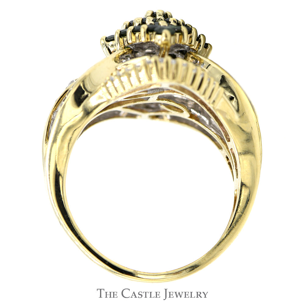 Marquise Shaped Green Diamond Cluster Ring with Baguette and Round Diamond Accents in 10k Yellow Gold