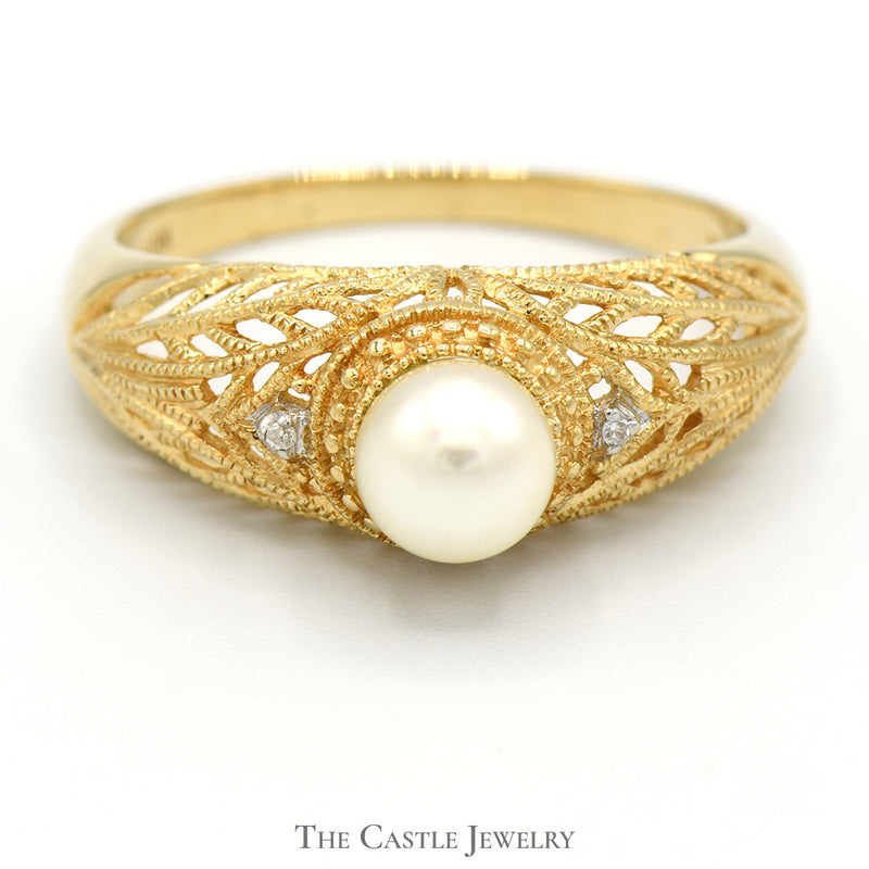 6mm Pearl Solitaire Ring with Diamond Accents in 10k Yellow Gold Domed Filigree Setting