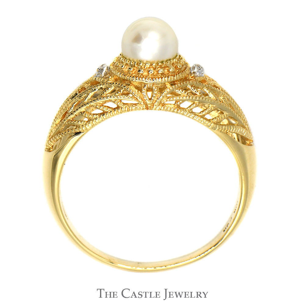 6mm Pearl Solitaire Ring with Diamond Accents in 10k Yellow Gold Domed Filigree Setting