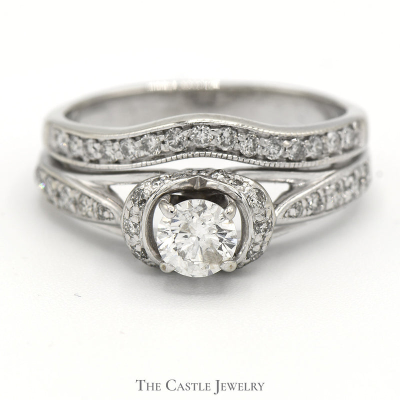 Round Diamond Solitaire Bridal Set with Diamond Accents and Matching Curved Band in 14k White Gold