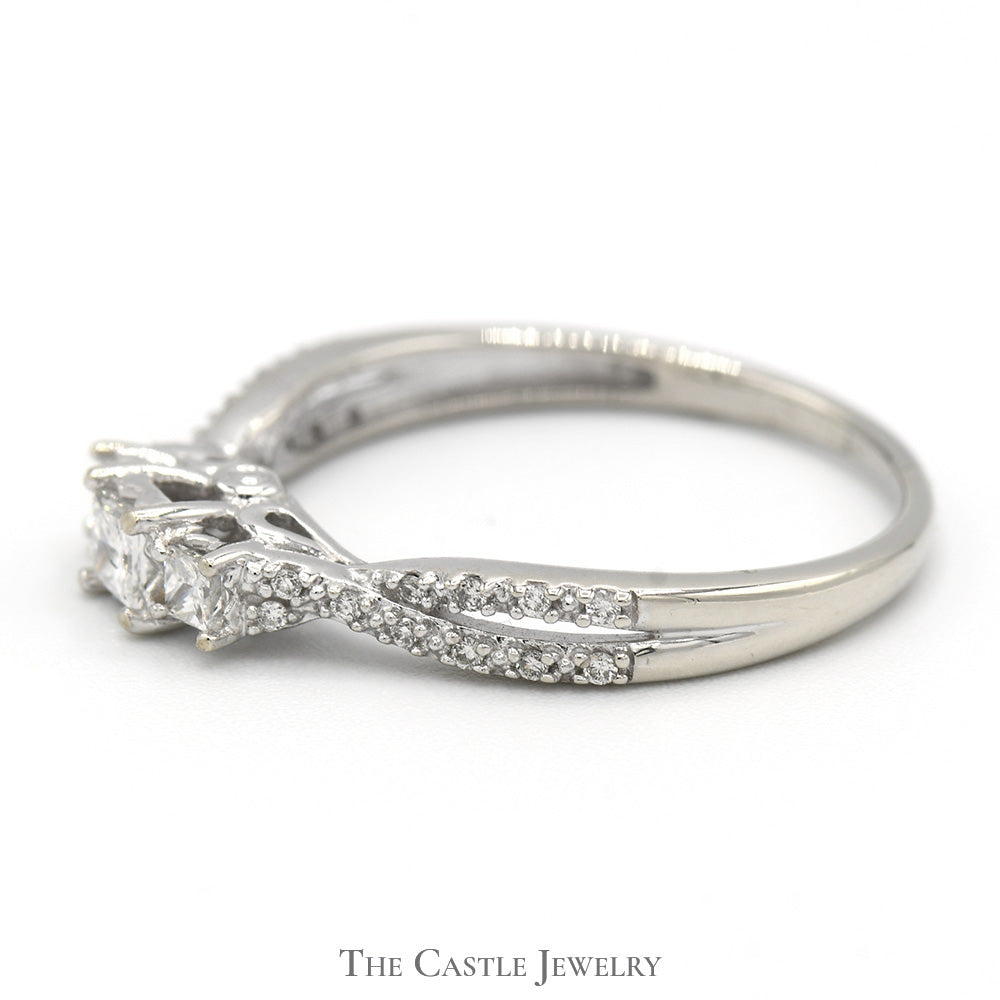 1/3cttw Princess Cut Diamond Three Stone Engagement Ring with Diamond Accents in 10k White Gold