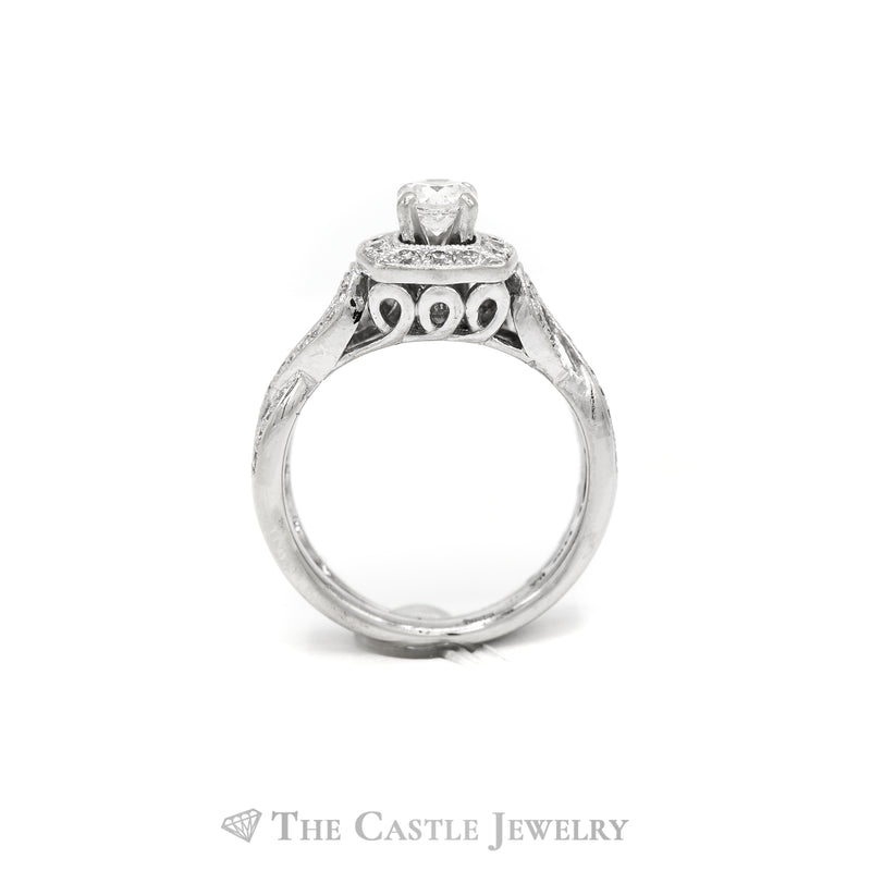 Round Diamond Bridal Set with Diamond Halo and Soldered Twisted Matching Band in 14k White Gold