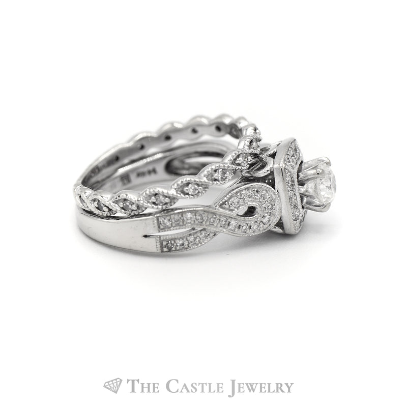 Round Diamond Bridal Set with Diamond Halo and Soldered Twisted Matching Band in 14k White Gold