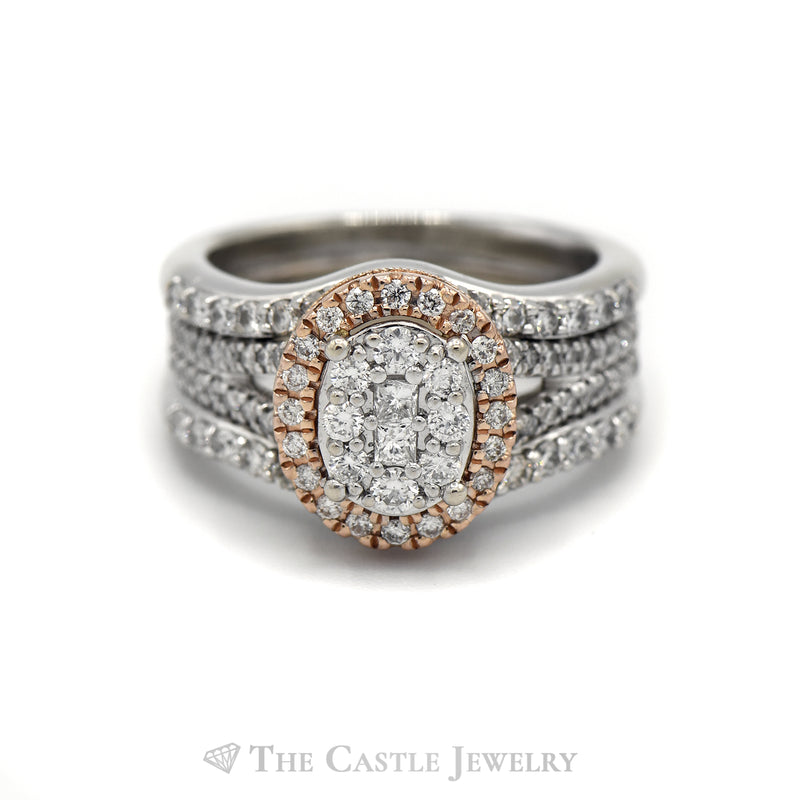 Oval Shaped Diamond Cluster Bridal Set with Diamond Halo and Accents in 14k Two-Tone Gold