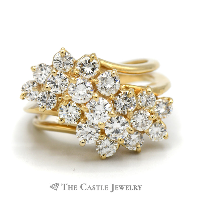 2cttw VS2 Diamond Waterfall Cluster Ring in 14k Yellow Gold Split Shank Bypass Mounting