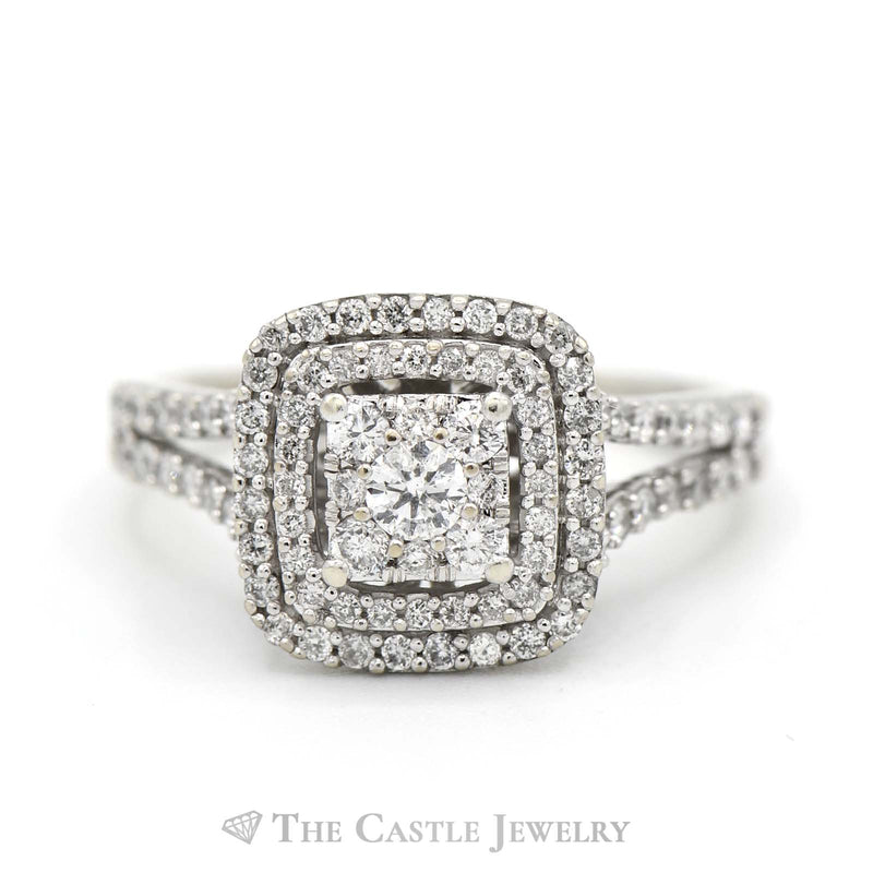 1cttw Square Diamond Cluster Engagement Ring with Double Halo and Accents in 14k White Gold
