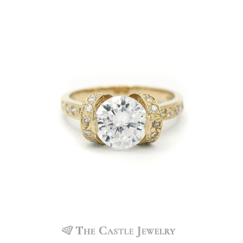 Round Cubic Zirconia Ring with Vertical and Horizontal CZ Accents in 14KT Yellow Gold