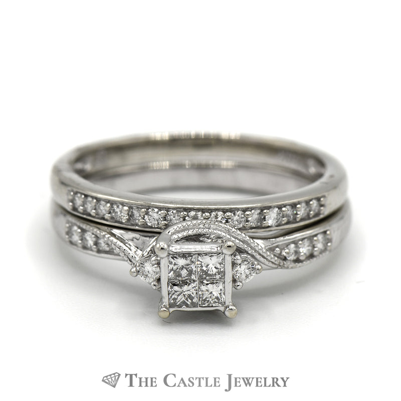 Invisiset Princess Cut Diamond Cluster Bridal Set with Round Diamond Accents and Matching Diamond Band in 10k White Gold