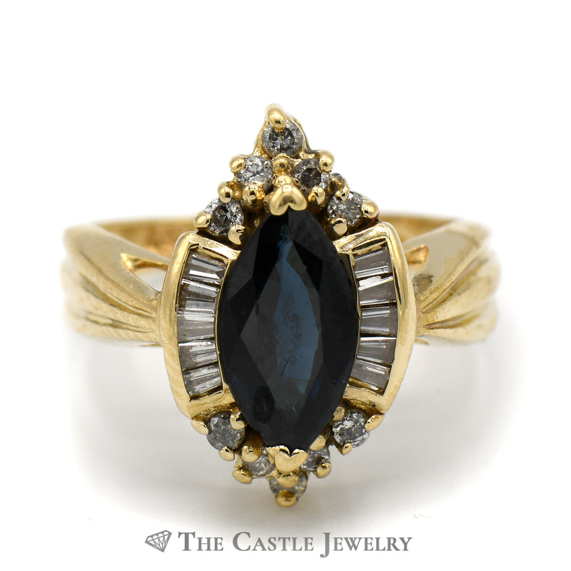 Marquise Shaped Sapphire Ring with Baguette and Round Diamond Accents in 14k Yellow Gold