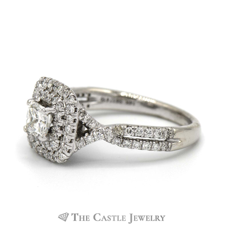 Gabriel & Co. Cushion Cut Diamond Engagement Ring with Double Diamond Halo and Diamond Accented Split Shank Sides in 14k White Gold