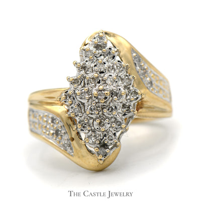 Marquise Shaped Diamond Cluster Bypass Ring in 10k Yellow Gold