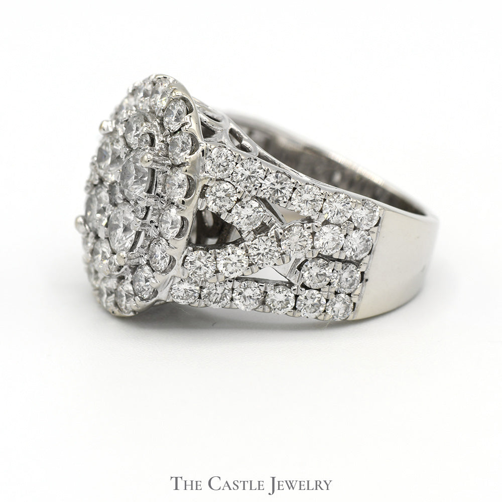 4cttw Oval Shaped Diamond Cluster Ring with Wide Diamond Accented Split Shank Sides in 14k White Gold