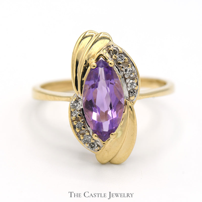 Marquise Shaped Amethyst Ring with Diamond Accents in 10k Yellow Gold