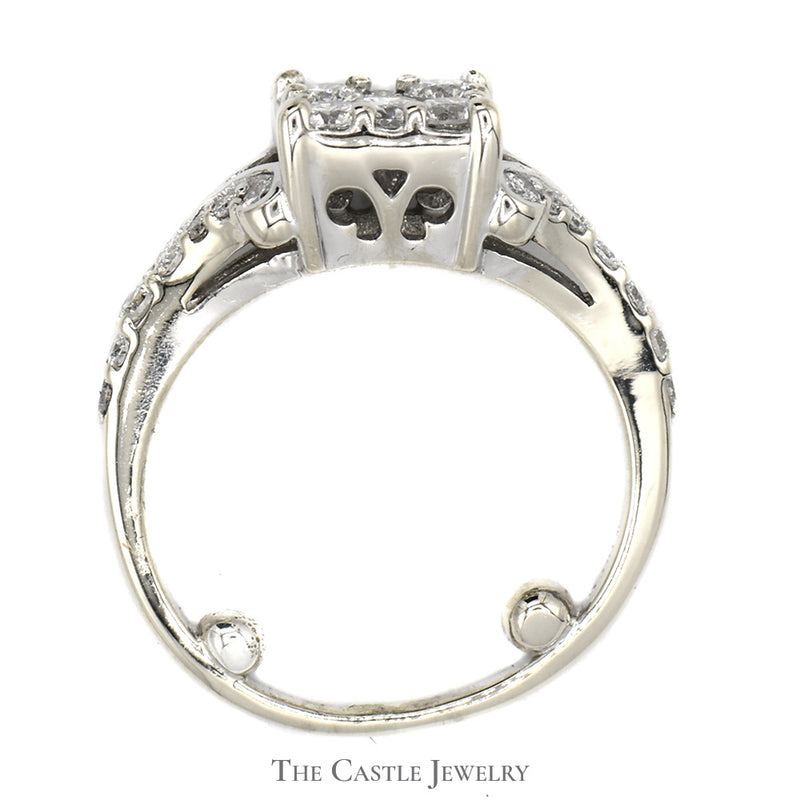 3/4cttw Square Shaped Diamond Cluster Ring with Accented Scroll Design in 14k White Gold