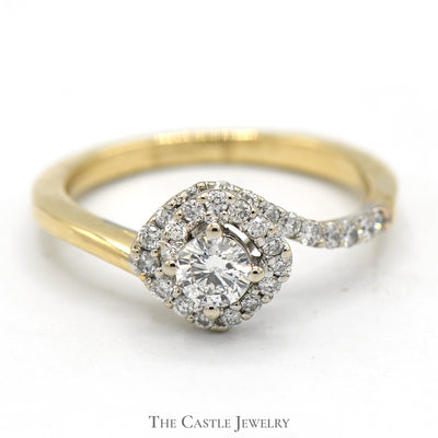 1/2cttw Bypass Diamond Solitaire Ring with Diamond Halo and Accents in 14k Yellow Gold