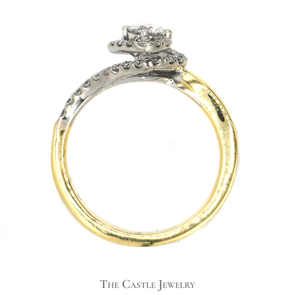 1/2cttw Bypass Diamond Solitaire Ring with Diamond Halo and Accents in 14k Yellow Gold