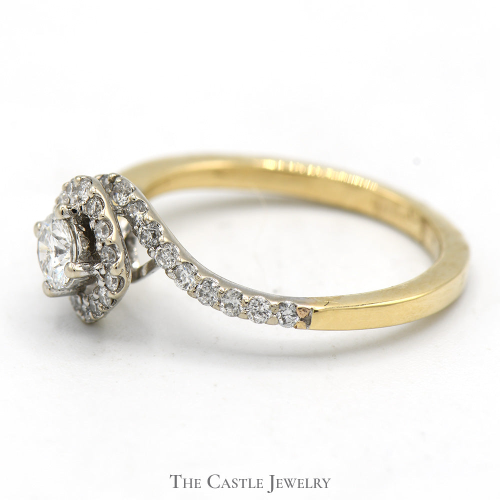 1/2cttw Bypass Diamond Solitaire Ring with Diamond Halo and Accents in 14k Yellow Gold