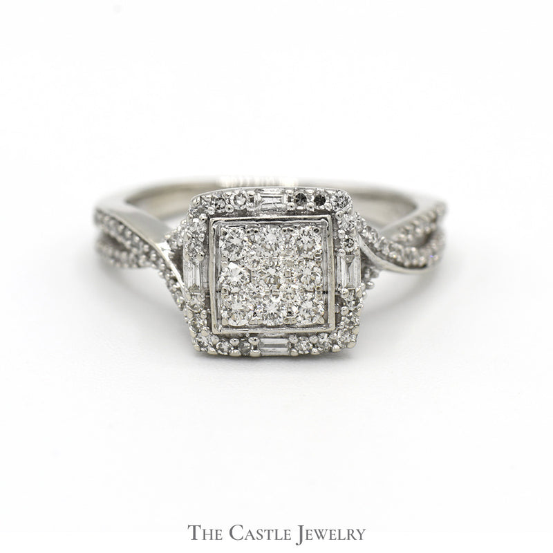 Square Shaped Diamond Cluster Ring with Diamond Accented Twisted Sides in 10k White Gold