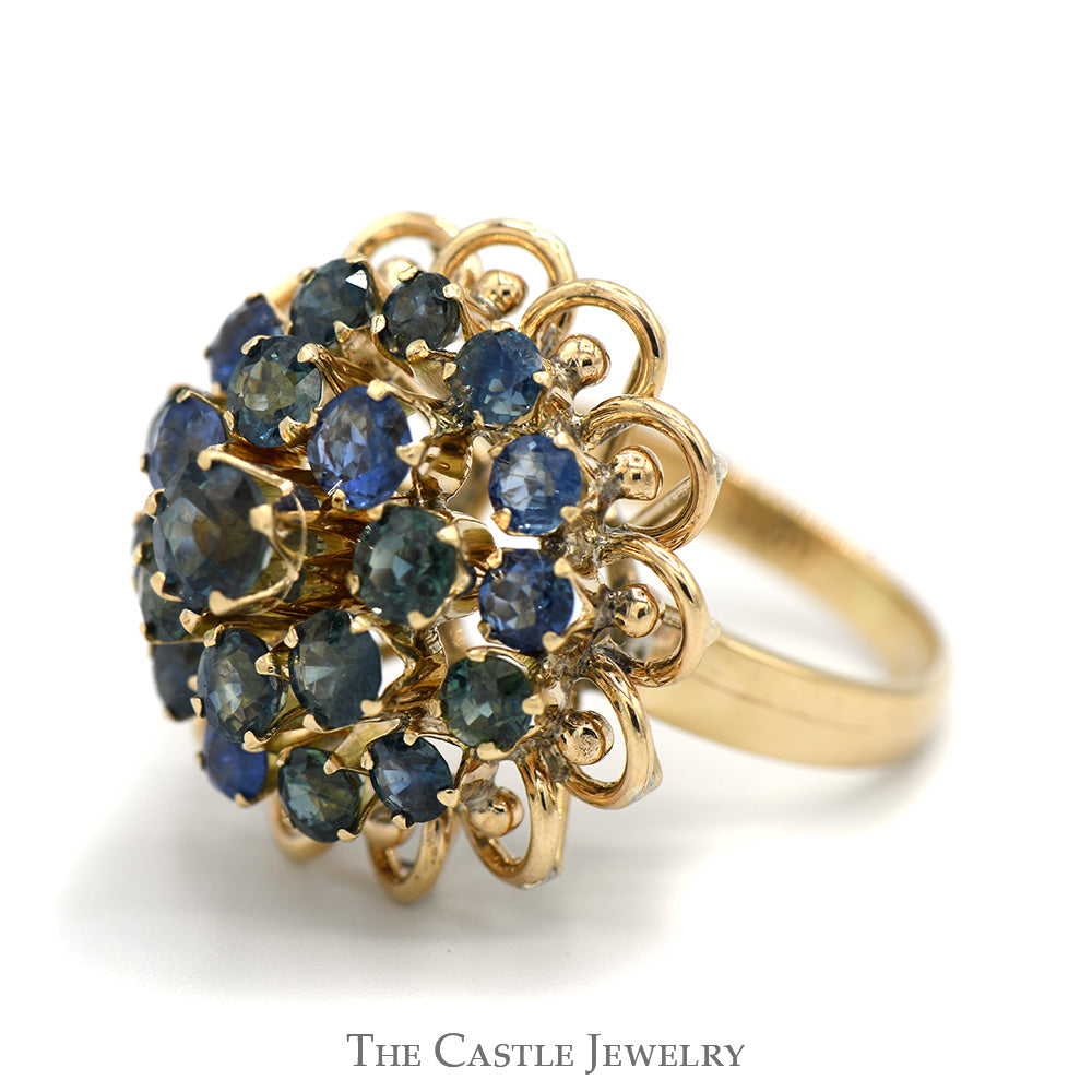 3 Tier Sapphire Cocktail Cluster Ring with Scalloped Edge in 10k Yellow Gold