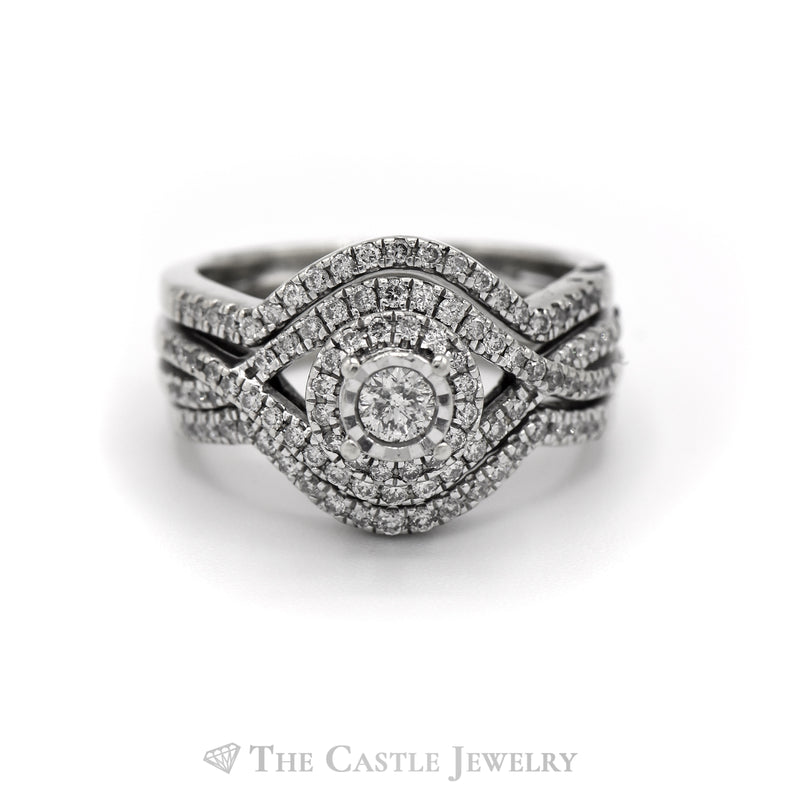 Round Diamond Bridal 3 Piece Set with Double Halo and Matching Diamond Bands