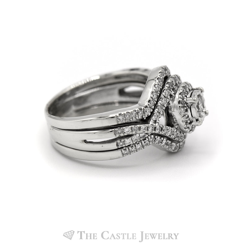 Round Diamond Bridal 3 Piece Set with Double Halo and Matching Diamond Bands