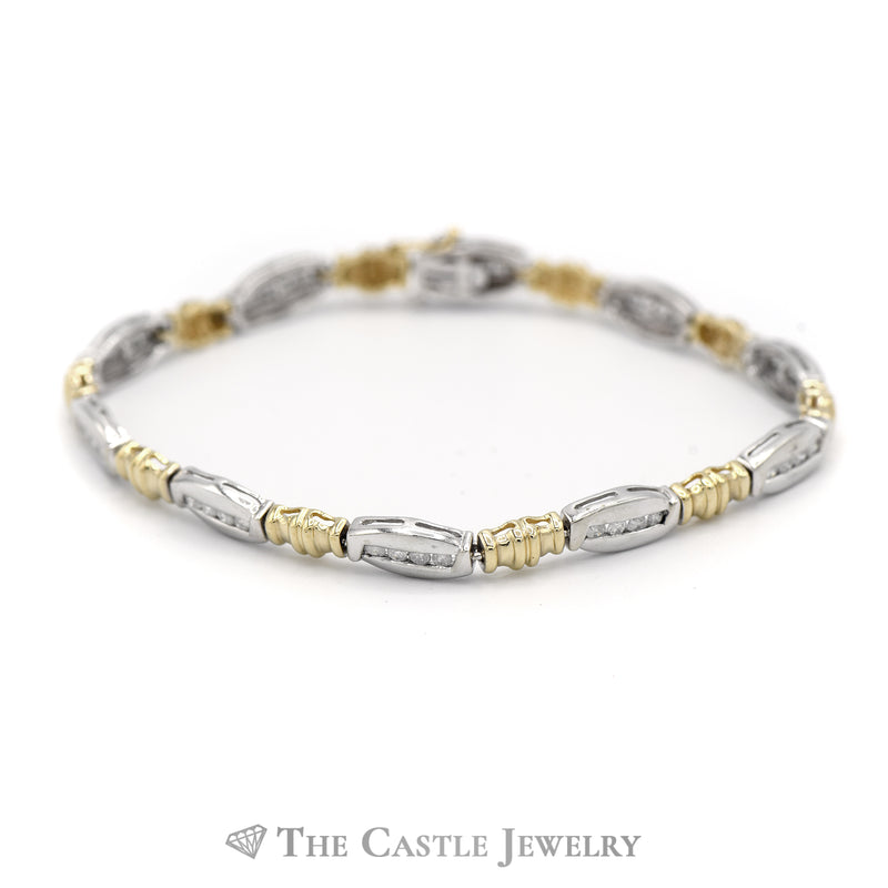Diamond Bar Link Bracelet in Two Tone 10k White & Yellow Gold