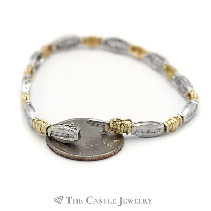 Diamond Bar Link Bracelet in Two Tone 10k White & Yellow Gold
