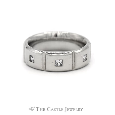 7.5mm Ridged Men's Band with Diamond Accents in 14KT White Gold