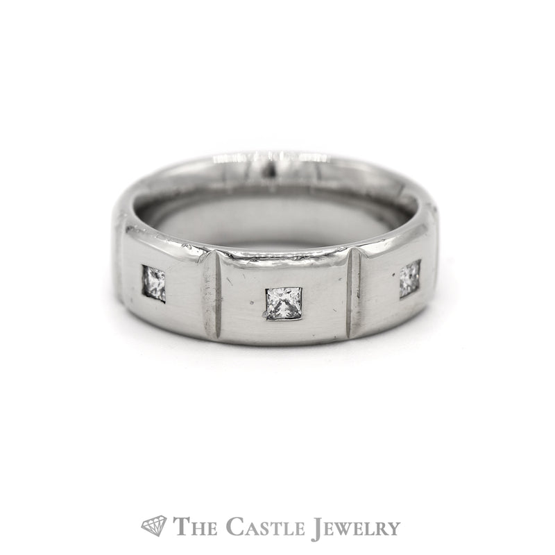 7.5mm Ridged Men's Band with Diamond Accents in 14KT White Gold