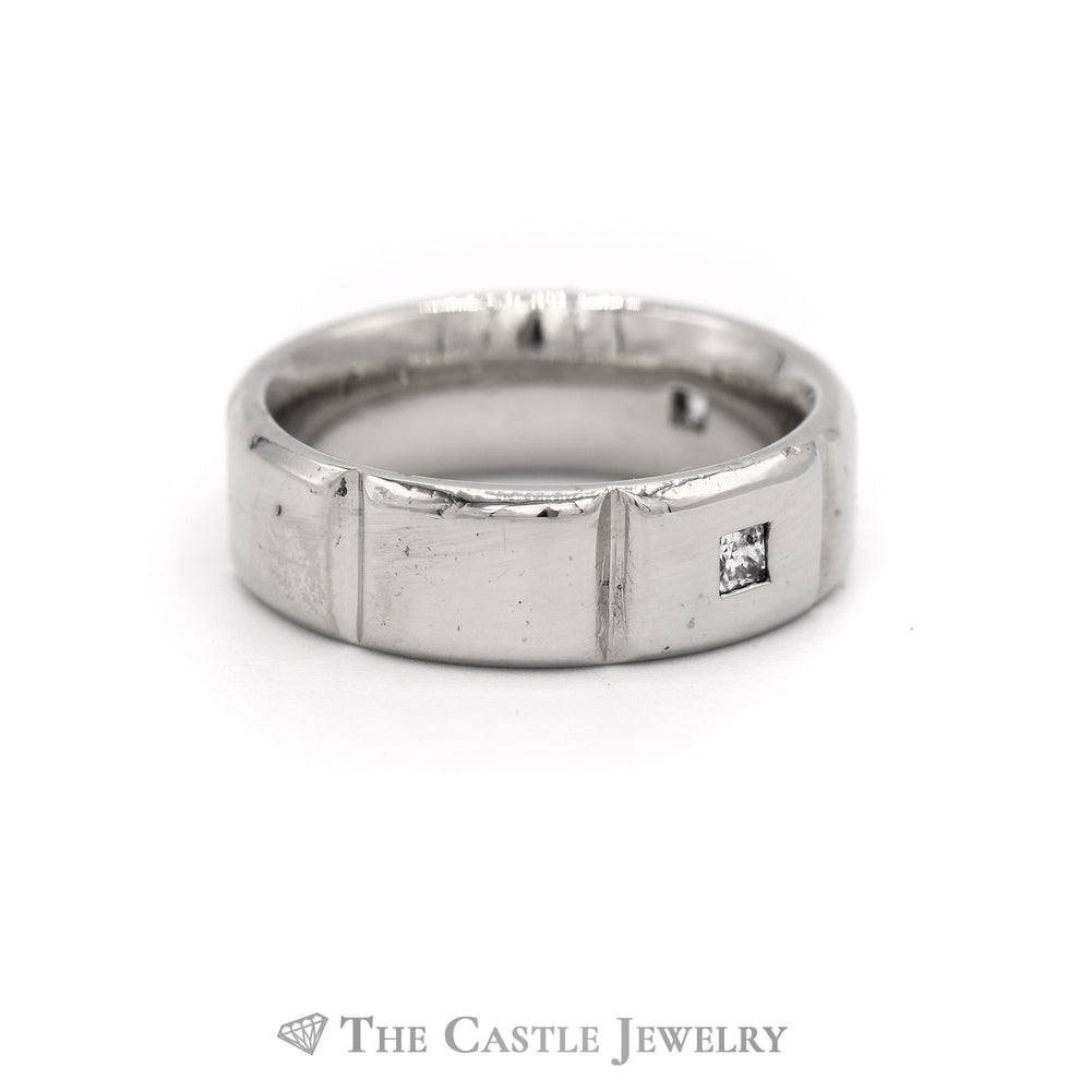 7.5mm Ridged Men's Band with Diamond Accents in 14KT White Gold