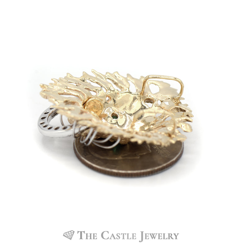Lion Head Pendant with Emerald Eyes and Diamond Accents in 14KT Yellow Gold