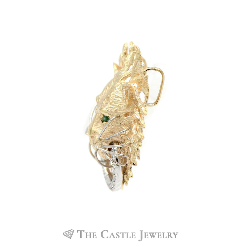 Lion Head Pendant with Emerald Eyes and Diamond Accents in 14KT Yellow Gold