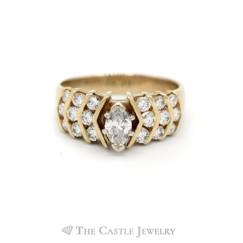 1cttw Marquise Cut Diamond Ring with Channel Set Diamond Accents in 14k Yellow Gold