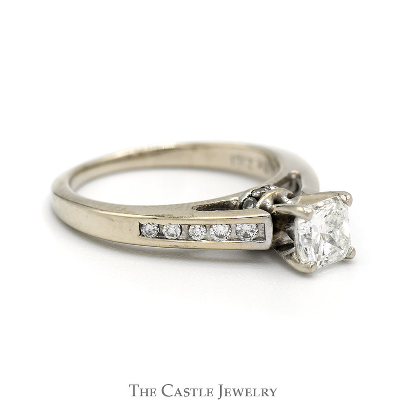 1.02cttw Princess Cut Diamond Engagement Ring with Channel Set Diamond Accents in 18k White Gold