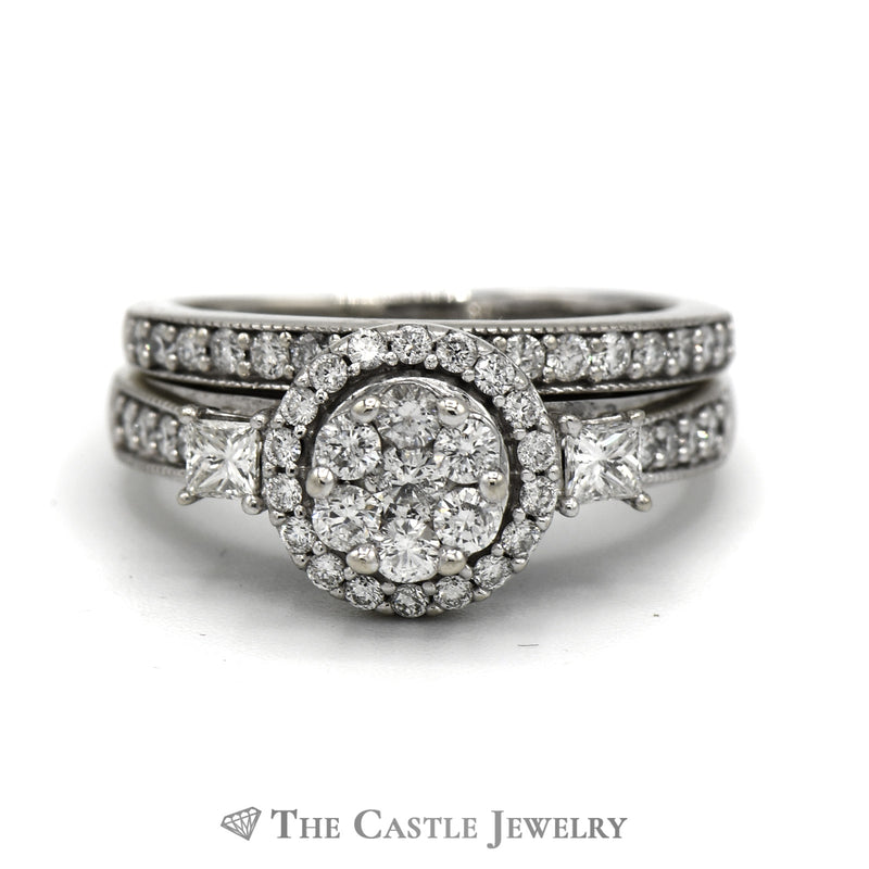 1cttw Round Shaped Diamond Cluster Bridal Set with Diamond Halo and Accents and Matching Diamond Band in 10k White Gold