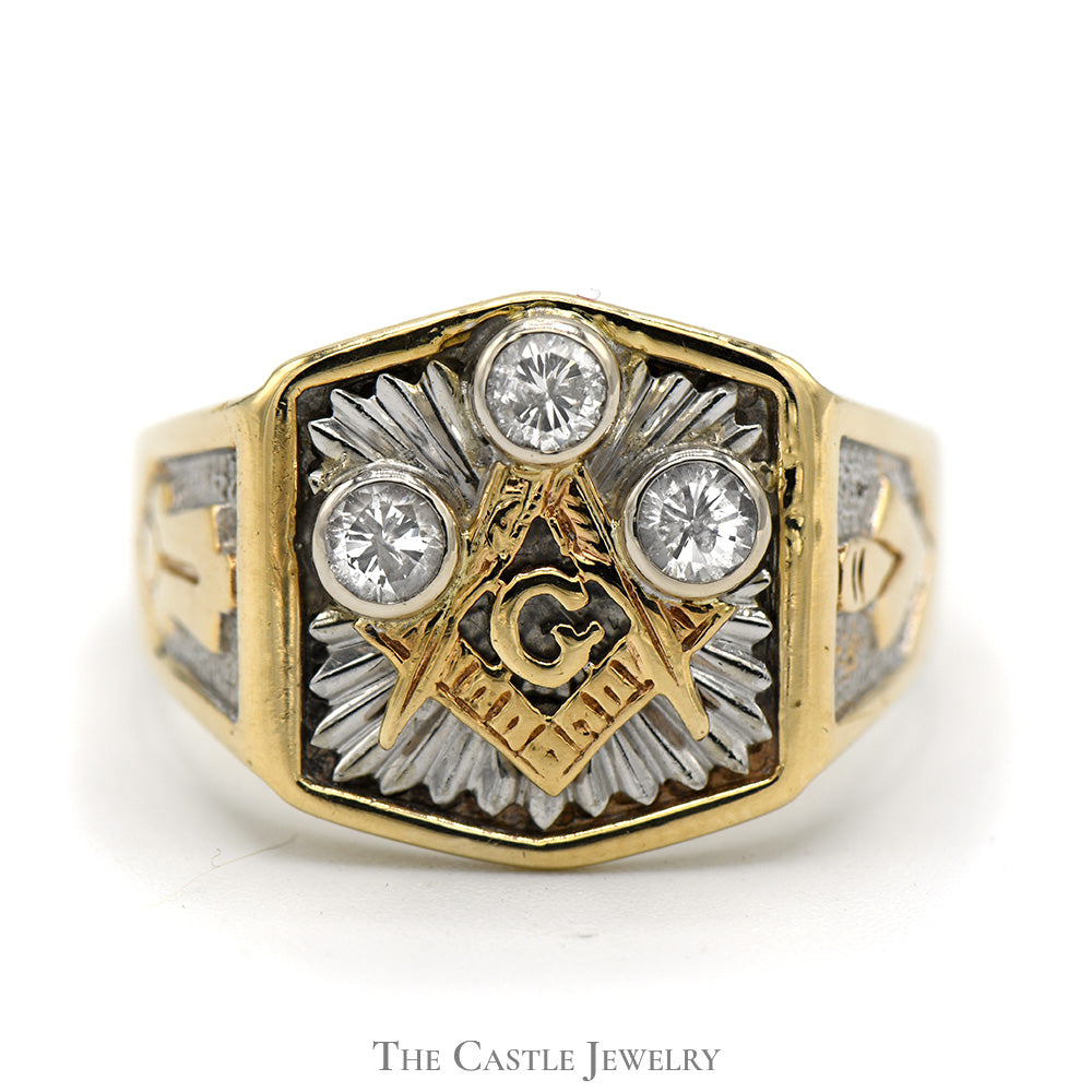 Bezel Set Diamond Masonic Ring in 10k Two-Tone White and Yellow