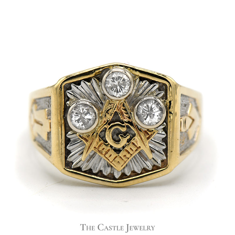 Bezel Set Diamond Masonic Ring in 10k Two-Tone White and Yellow Gold