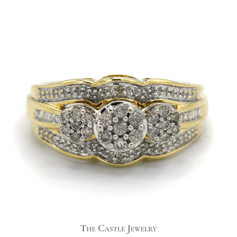 1/2cttw Triple Flower Shaped Diamond Cluster Ring with Accents in 10k Yellow Gold