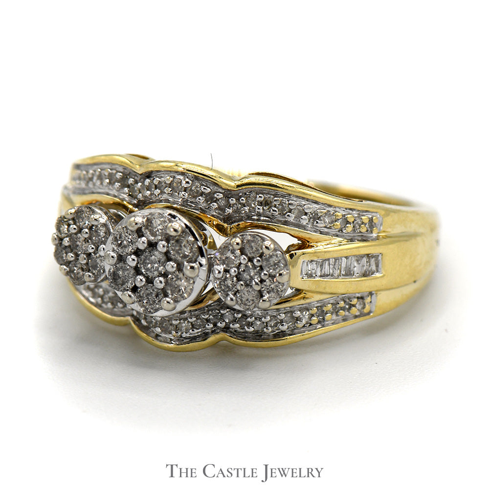 1/2cttw Triple Flower Shaped Diamond Cluster Ring with Accents in 10k Yellow Gold