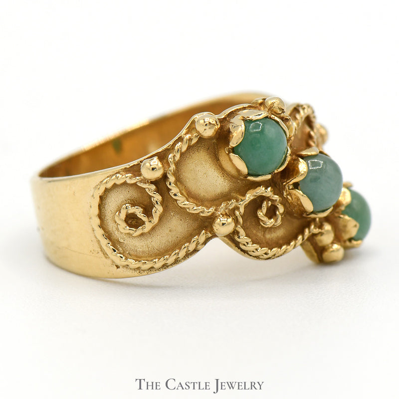 Triple Round Cabochon Jade Ring with Twisted Rope Design in 14k Yellow Gold